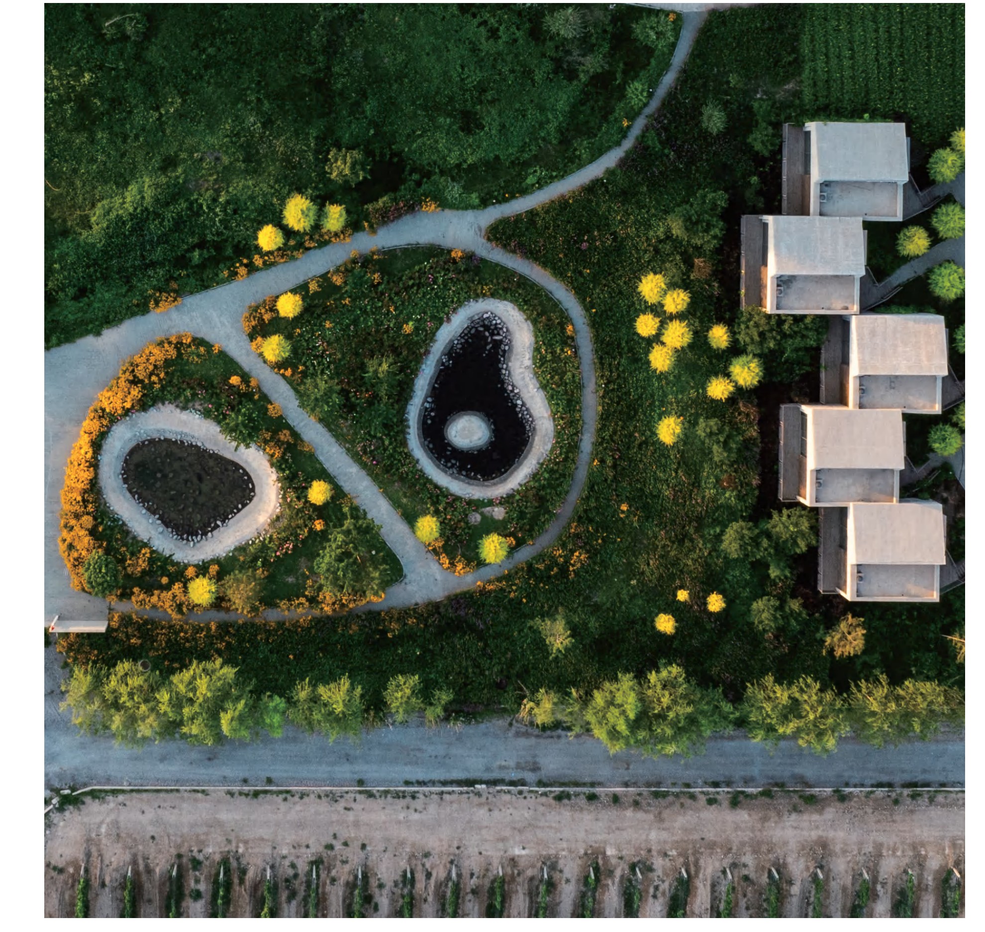 Aerial view of Fei Tswei Winery's monolithic building and gardens