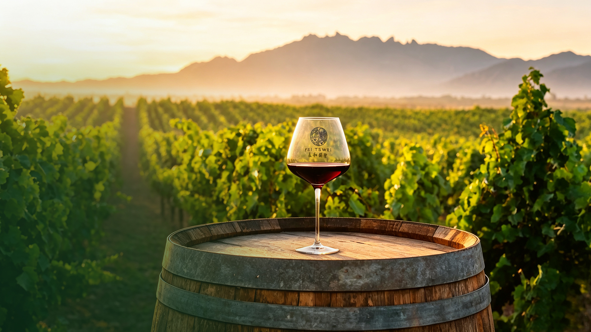 Sunset over vineyards at the eastern foothills of the Helan Mountains, with a glass of wine